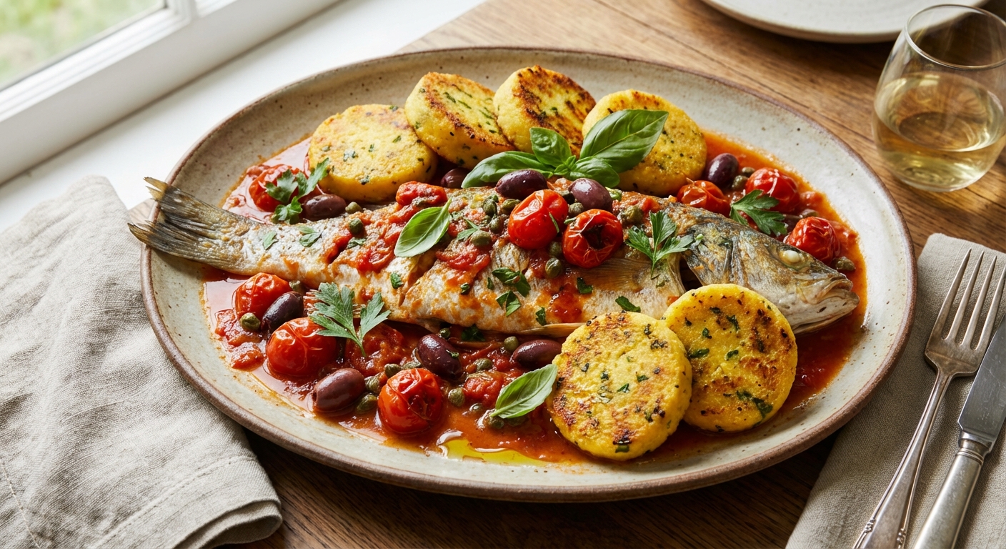 One‑Pot Tomato‑Braised White Fish with Olives, Capers & Herbed Polenta Cakes
