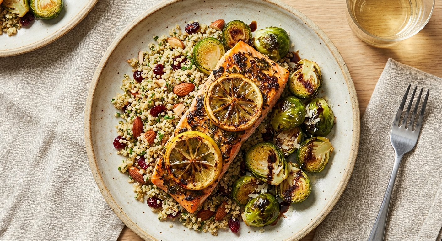Baked Lemon-Herb Salmon with Quinoa & Roasted Brussels Sprouts