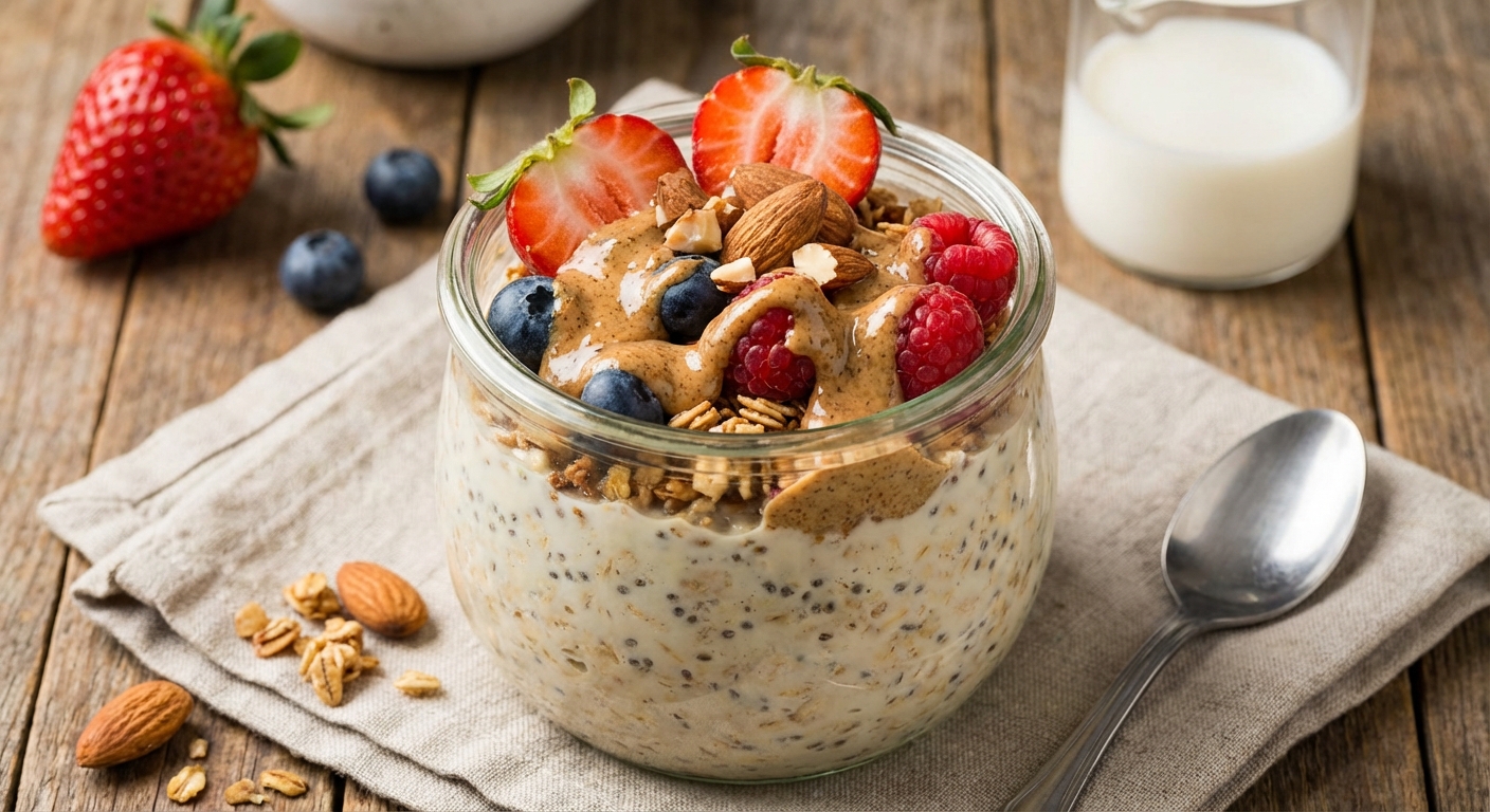 American-Style Overnight Oats with Berries & Almond Butter