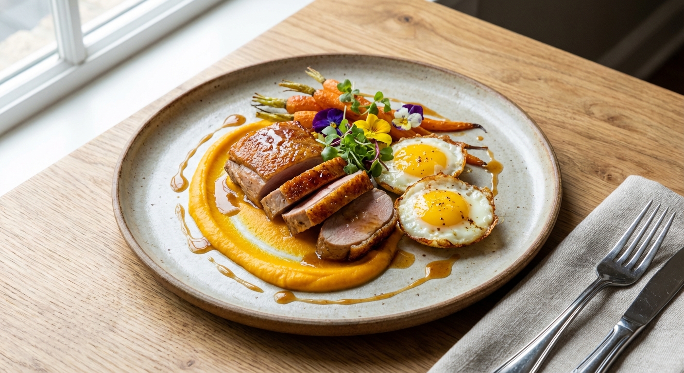 Pan-Roasted Pork Tenderloin & Chicken Breast Duo with Honey-Butter Carrot Purée and Butter-Basted Eggs (Gluten-Free)