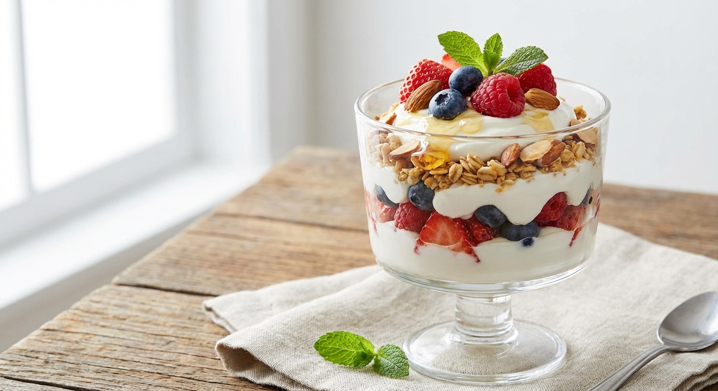 Greek Yogurt Berry Parfait with Granola & Almonds