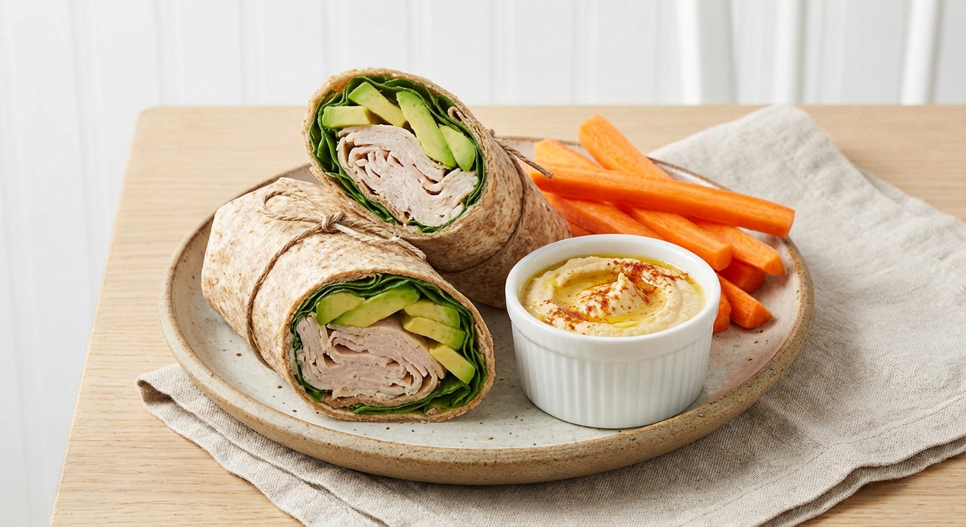 Turkey & Avocado Whole-Grain Wrap with Hummus & Carrot Sticks