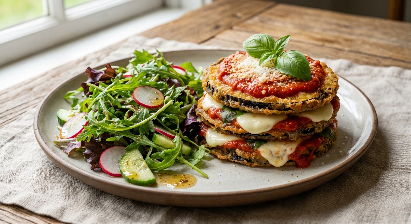 Eggplant Parmesan with Mixed Salad Greens