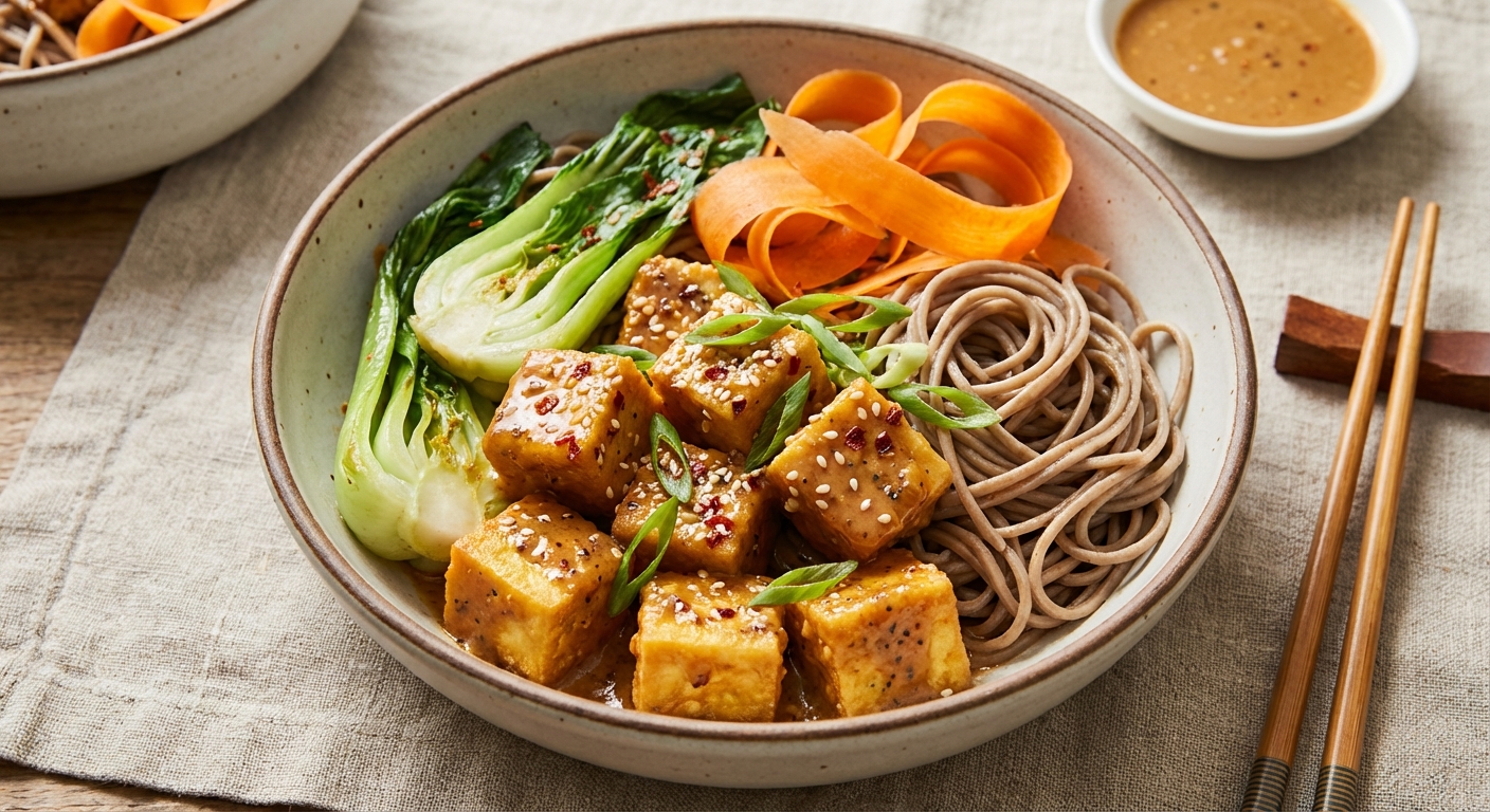 Spicy Miso-Sesame Tofu Stir-Fry with Soba Noodles, Baby Bok Choy & Shaved Carrot
