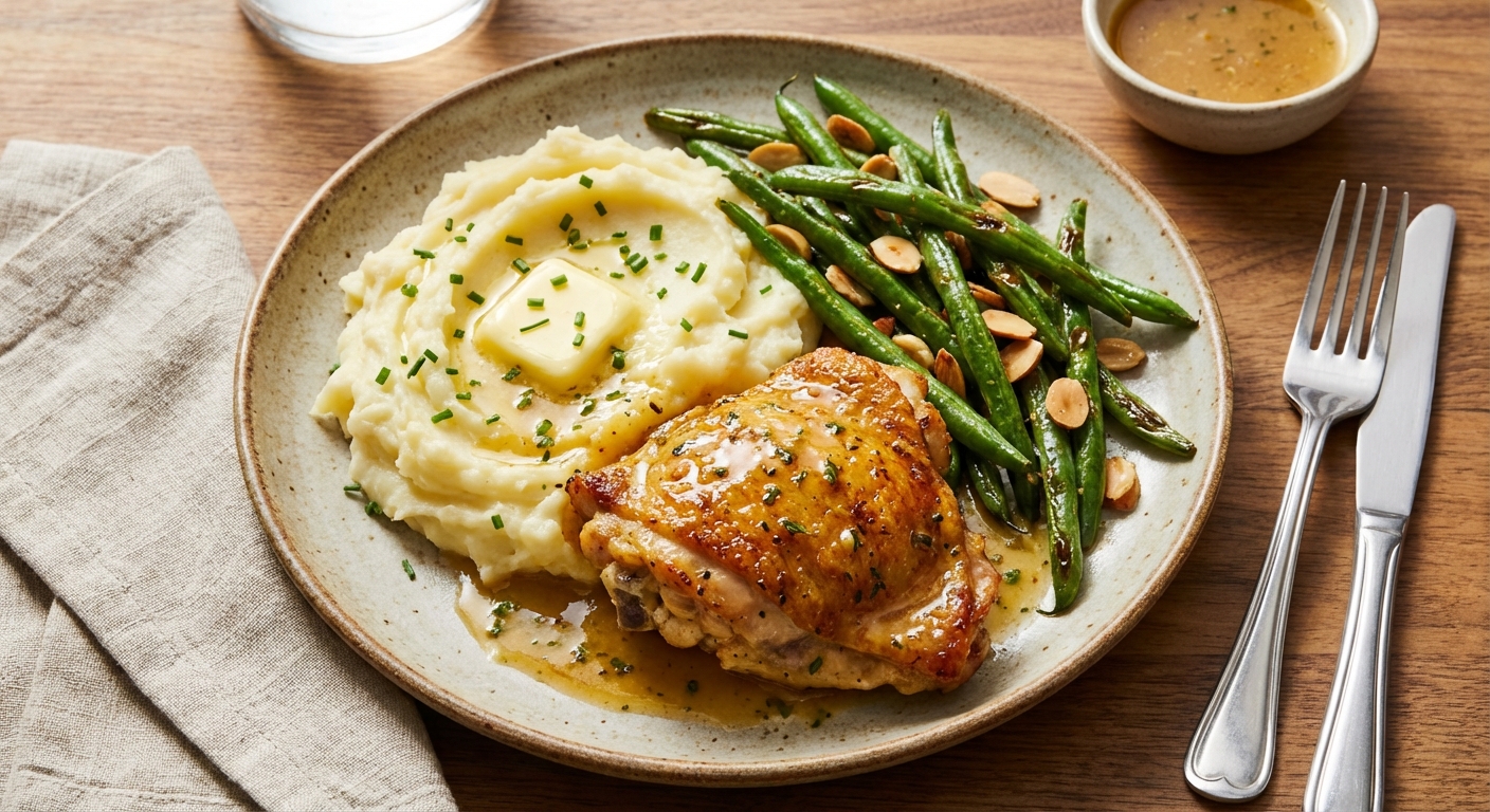 Baked Lemon-Herb Chicken Thighs with Mashed Potatoes & Roasted Green Beans