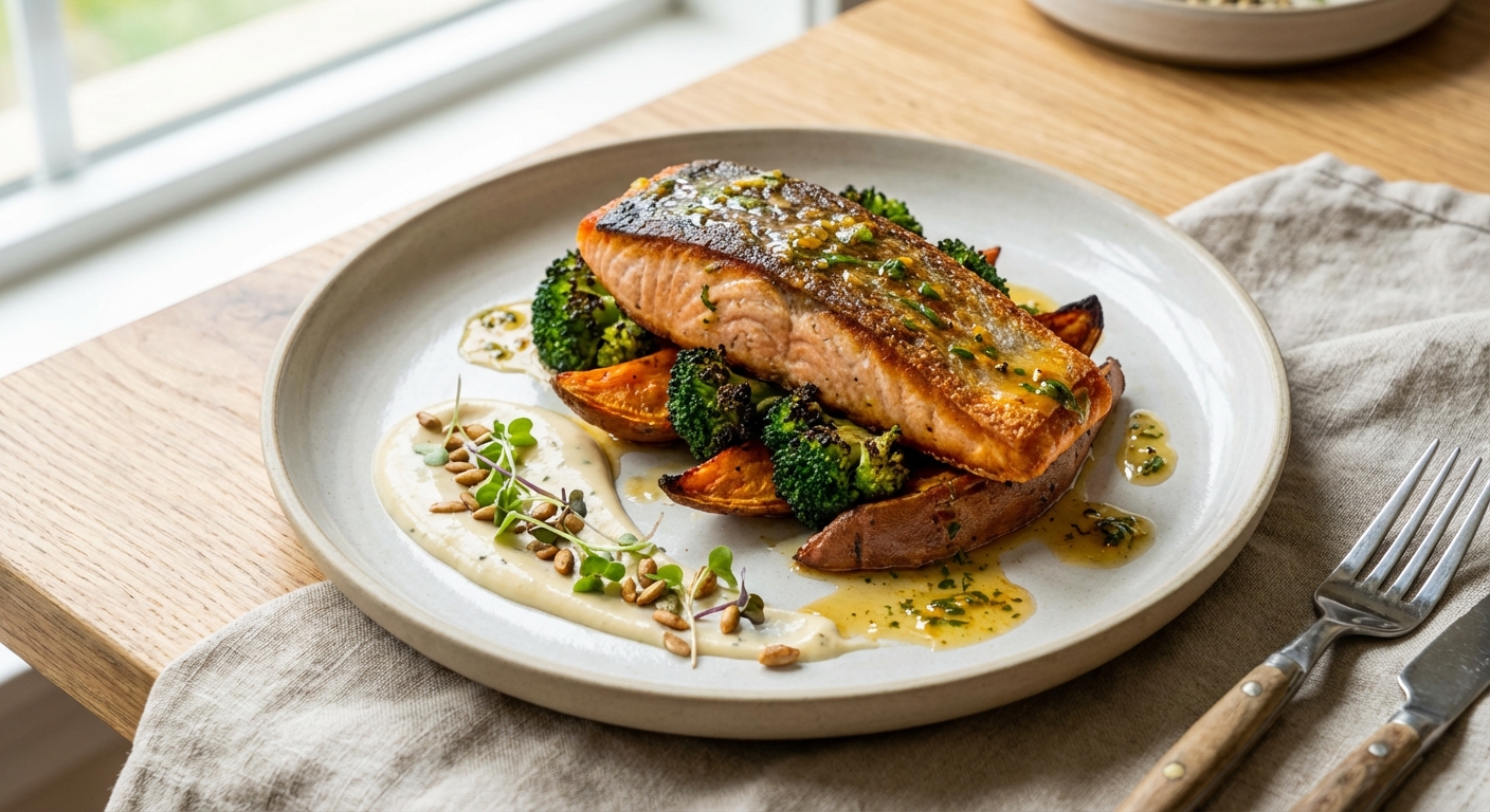 Pan-Seared Salmon with Roasted Sweet Potato & Broccoli