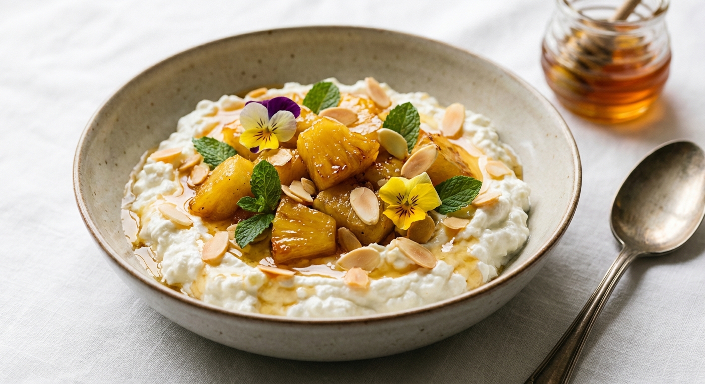 Cottage Cheese Bowl with Pineapple, Toasted Almonds & Honey