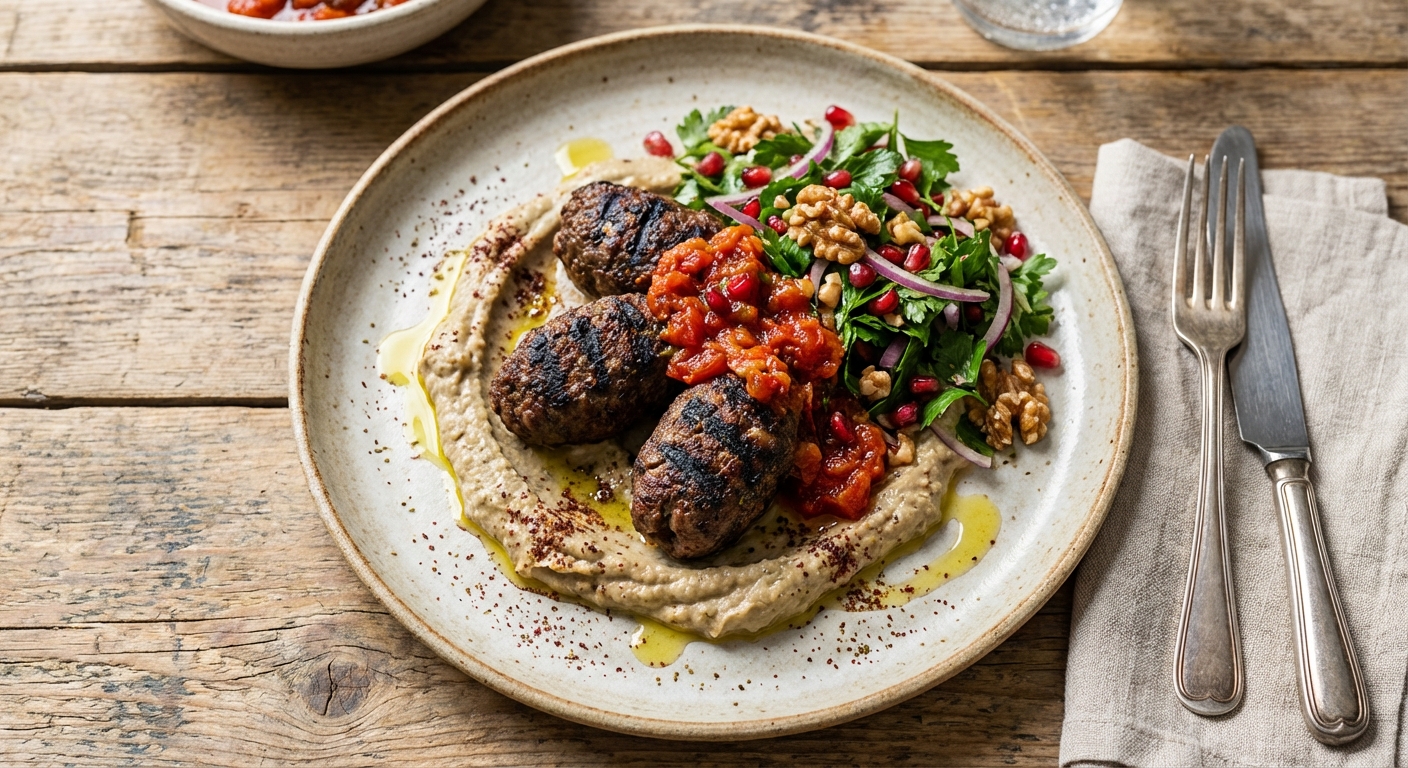 Spiced Beef Kofta with Grilled Eggplant, Tomato Chutney & Walnut-Parsley Salad