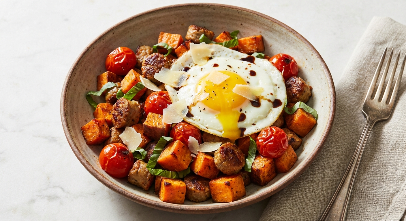 Sweet Potato & Italian Turkey Sausage Hash with Cherry Tomatoes & Basil