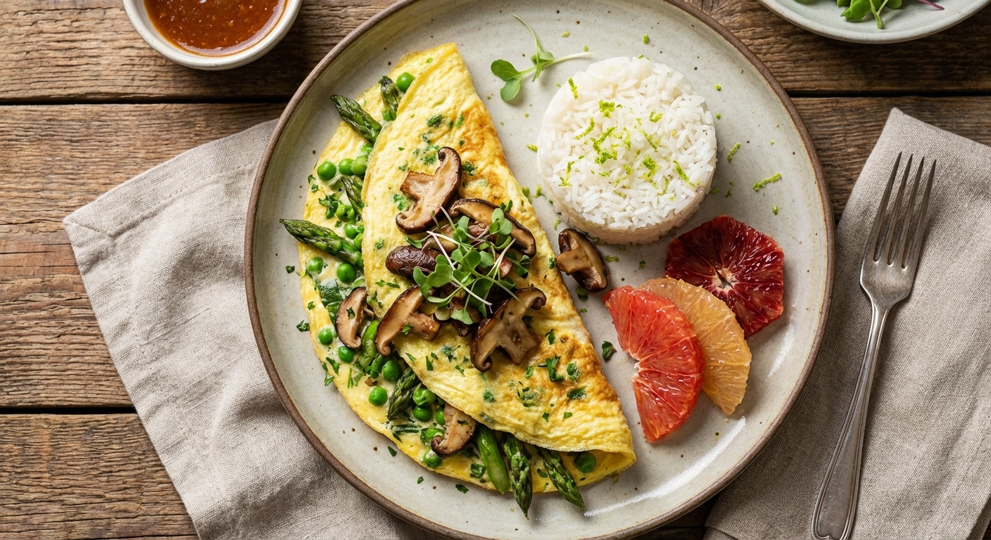Vegetable Omelette with Shiitake Mushrooms, Jasmine Rice & Citrus