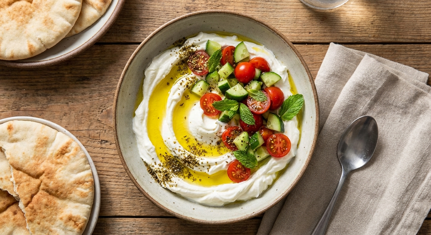Labneh Bowl with Cucumber, Tomatoes & Olive Oil