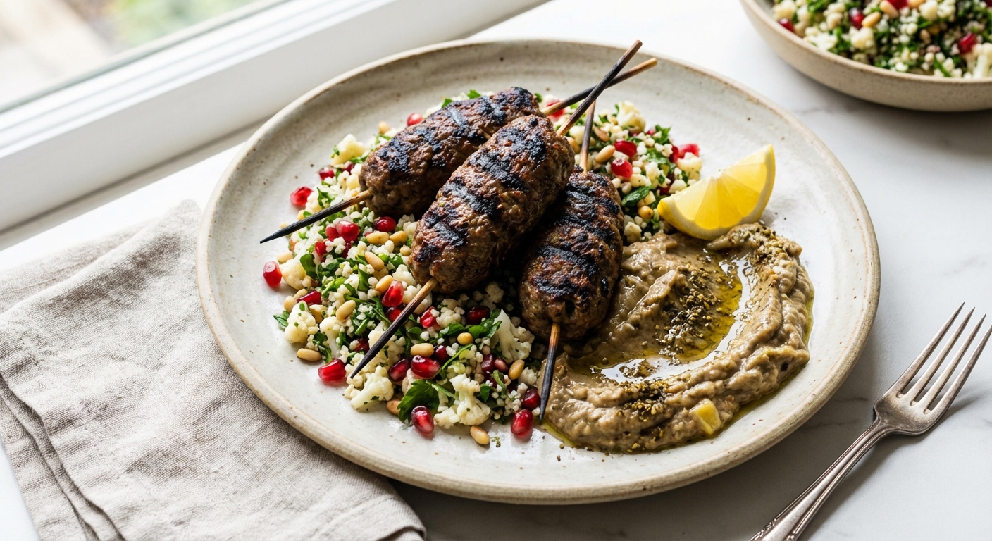 Lamb Kofta with Cauliflower Tabbouleh & Roasted Eggplant Dip