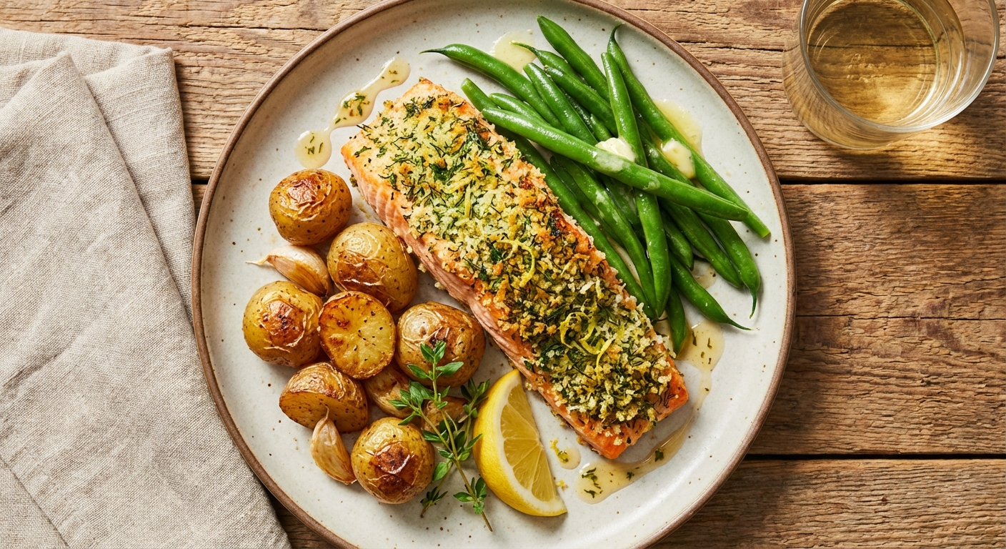 Baked Herb-Crusted Salmon with Garlic-Roasted Baby Potatoes & Steamed Green Beans