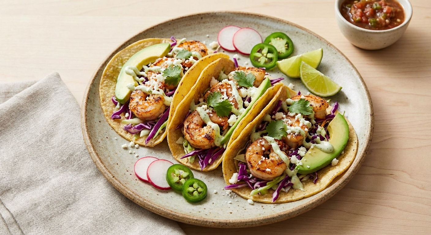 Shrimp Tacos with Cabbage Slaw and Avocado