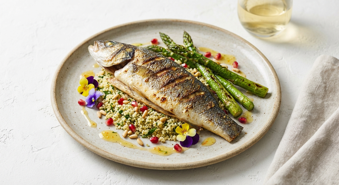 Grilled Sea Bass with Couscous & Asparagus