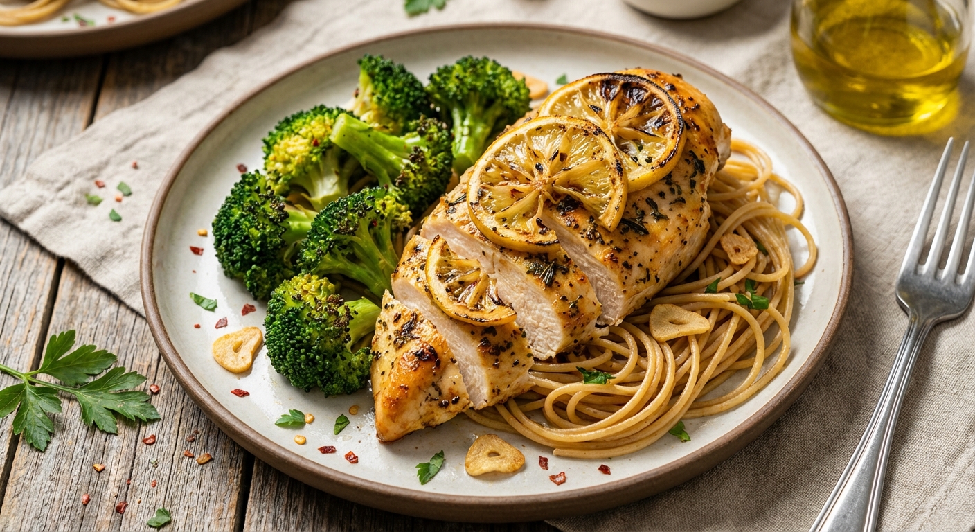 Baked Lemon-Garlic Chicken with Whole Wheat Spaghetti Aglio e Olio & Broccoli