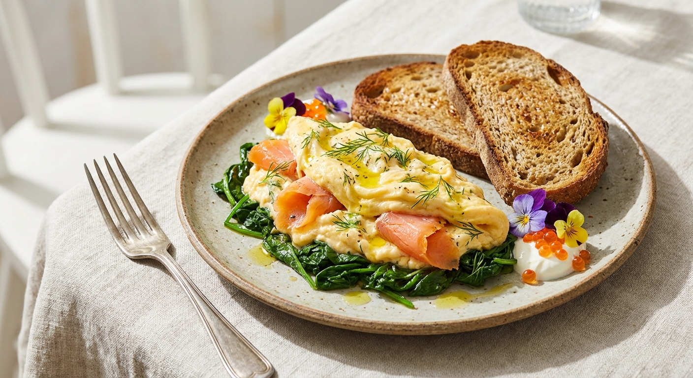 Smoked Salmon & Dill Soft Scramble with Sautéed Baby Spinach and Buckwheat Toast