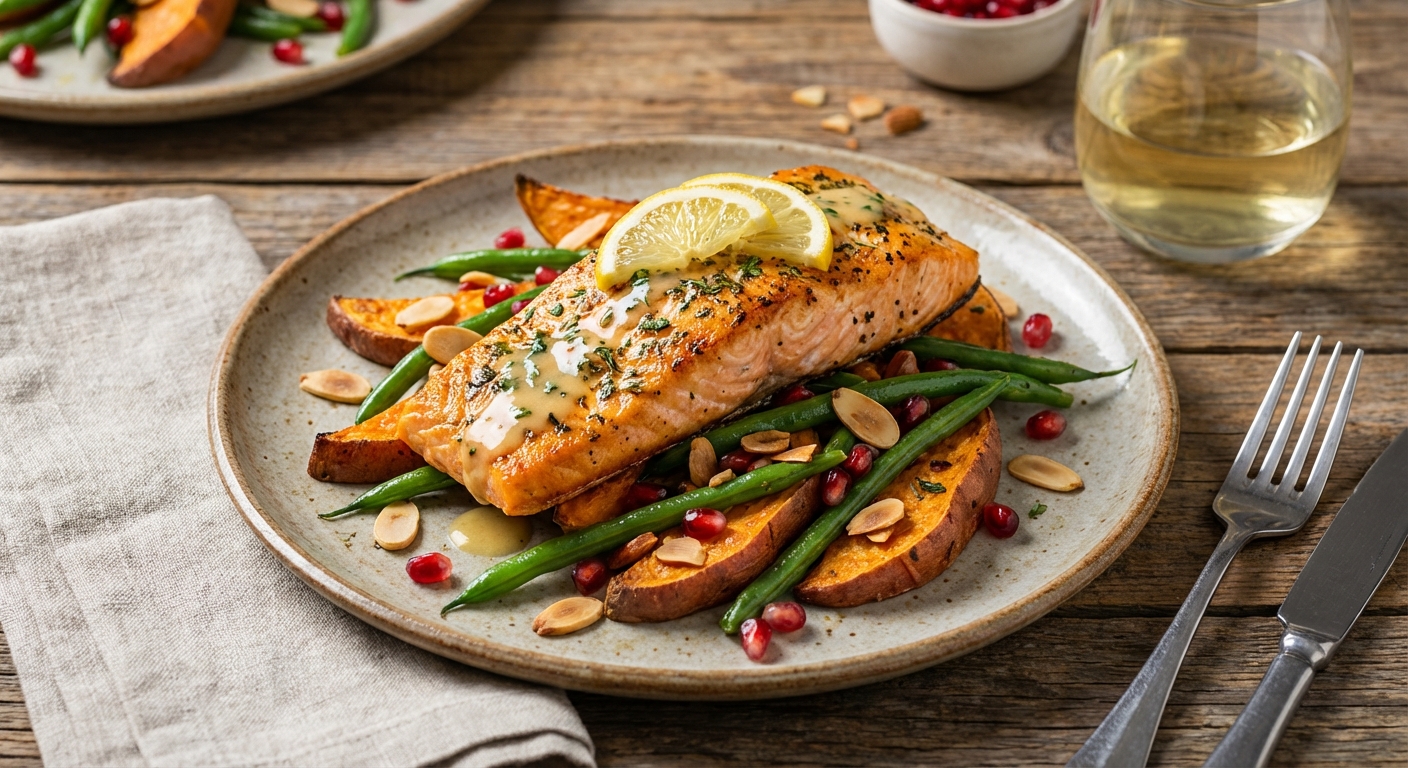 Baked Salmon with Roasted Sweet Potato & Green Beans