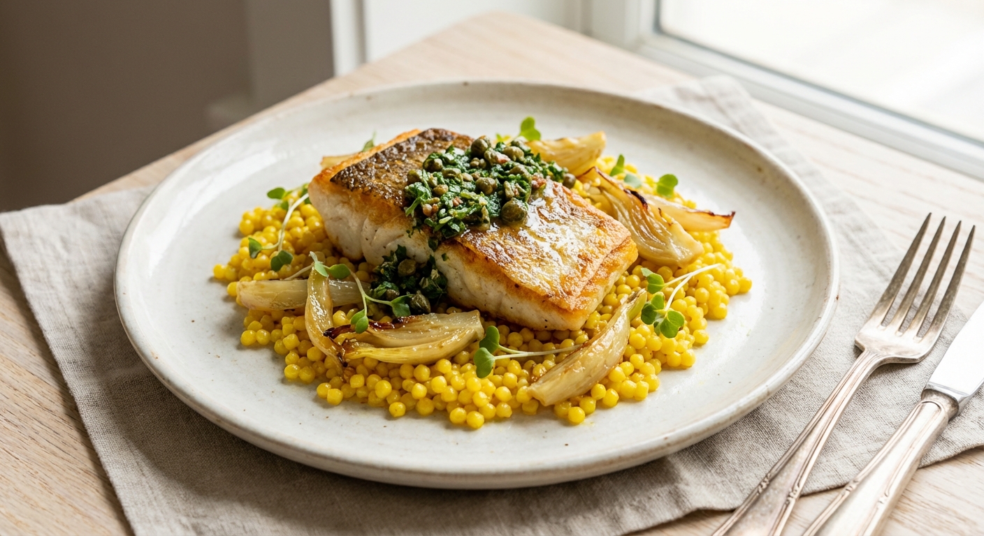 Pan-Seared Cod with Caper-Persillade, Saffron Israeli Couscous & Braised Fennel