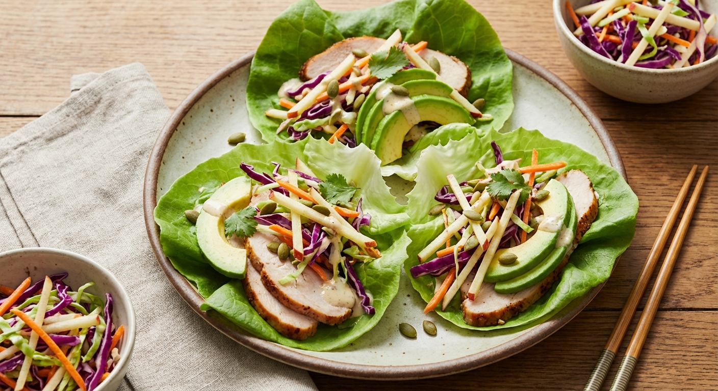 Turkey & Avocado Lettuce Wraps with Apple–Cabbage Slaw