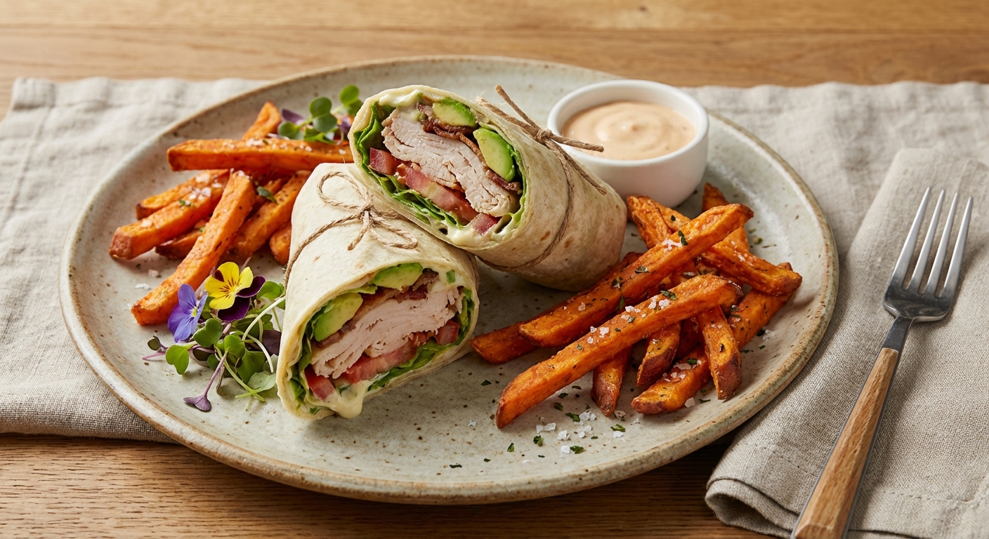 Turkey & Avocado Wrap with Baked Sweet Potato Fries