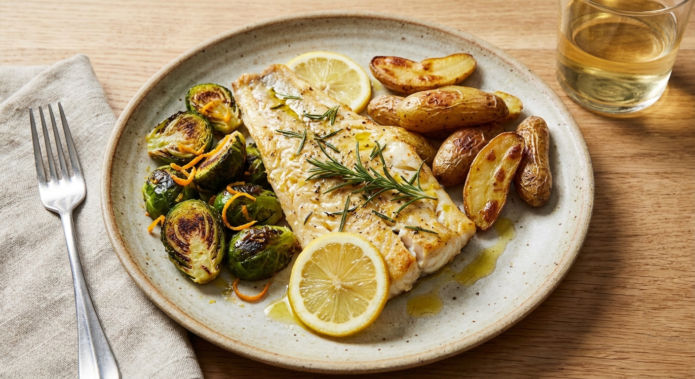 Rosemary-Baked Sea Bass with Citrus Brussels Sprouts & Crispy Fingerling Potatoes