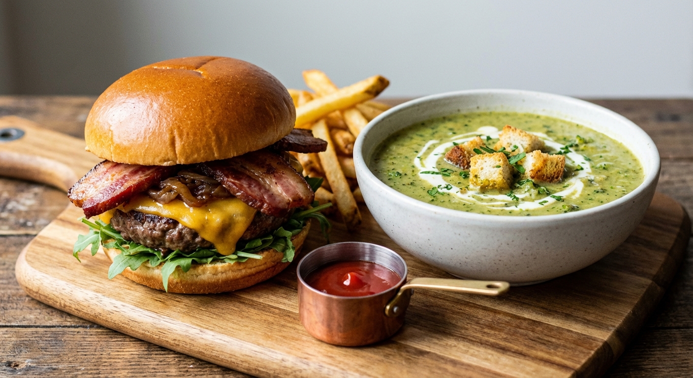 Hearty Beef Burger & Broccoli Soup (Rustic American Potage)