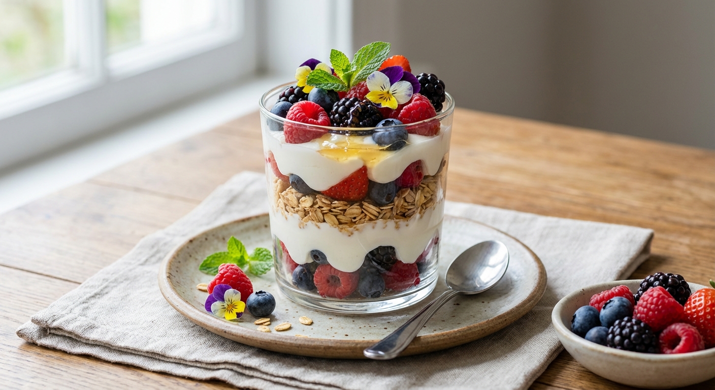 Greek Yogurt & Toasted Oats Parfait with Mixed Berries