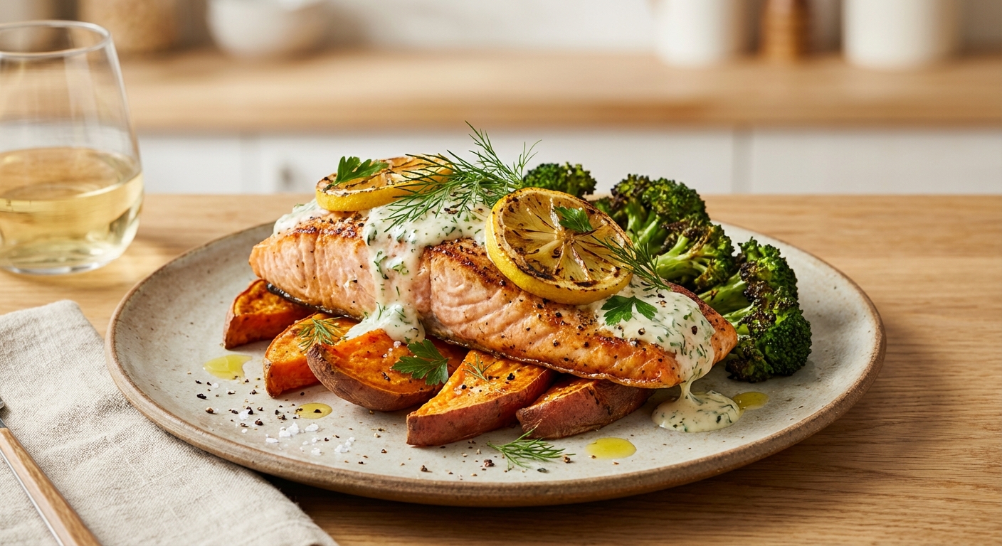 Baked Lemon-Herb Salmon with Roasted Sweet Potato & Broccoli