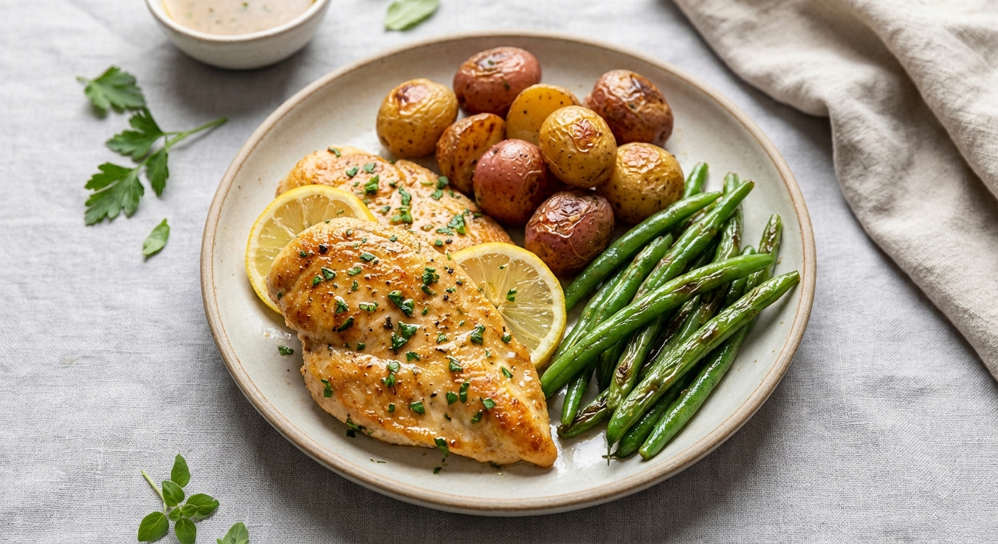 Pan-Seared Lemon-Herb Chicken with Roasted Baby Potatoes & Sautéed Green Beans