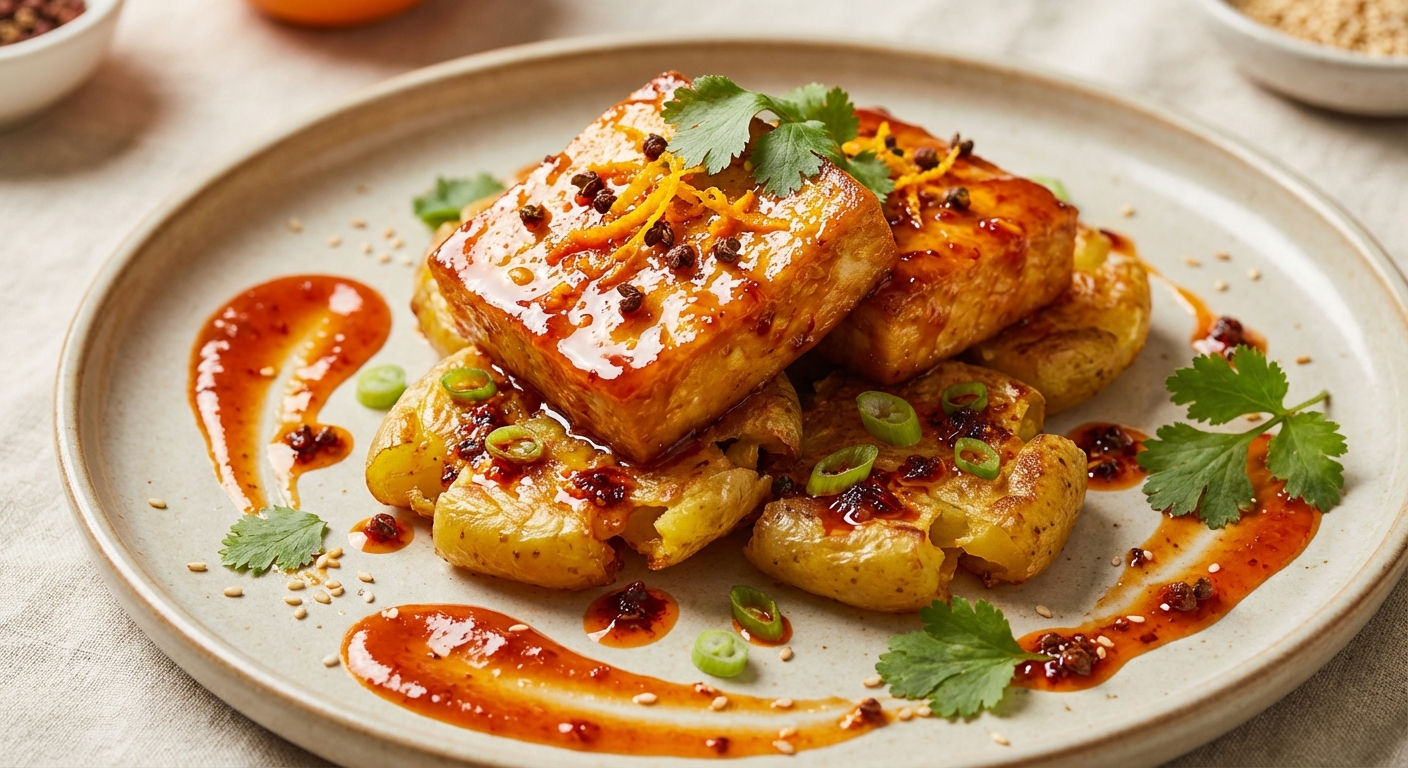 Orange–Sichuan Pan‑Seared Tofu with Crispy Smashed Potatoes