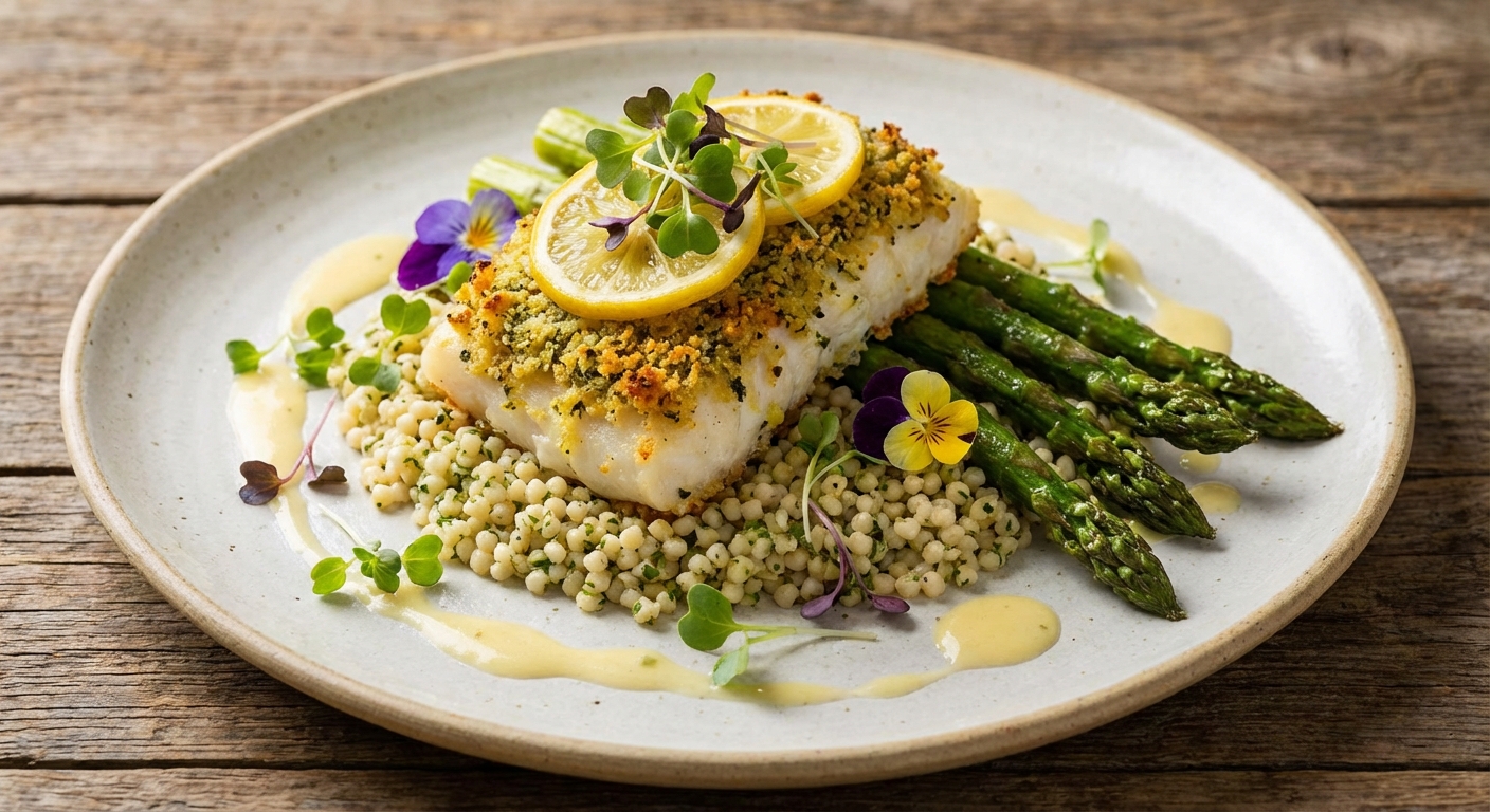 Baked Cod with Lemon-Herb Crust, Roasted Asparagus & Couscous