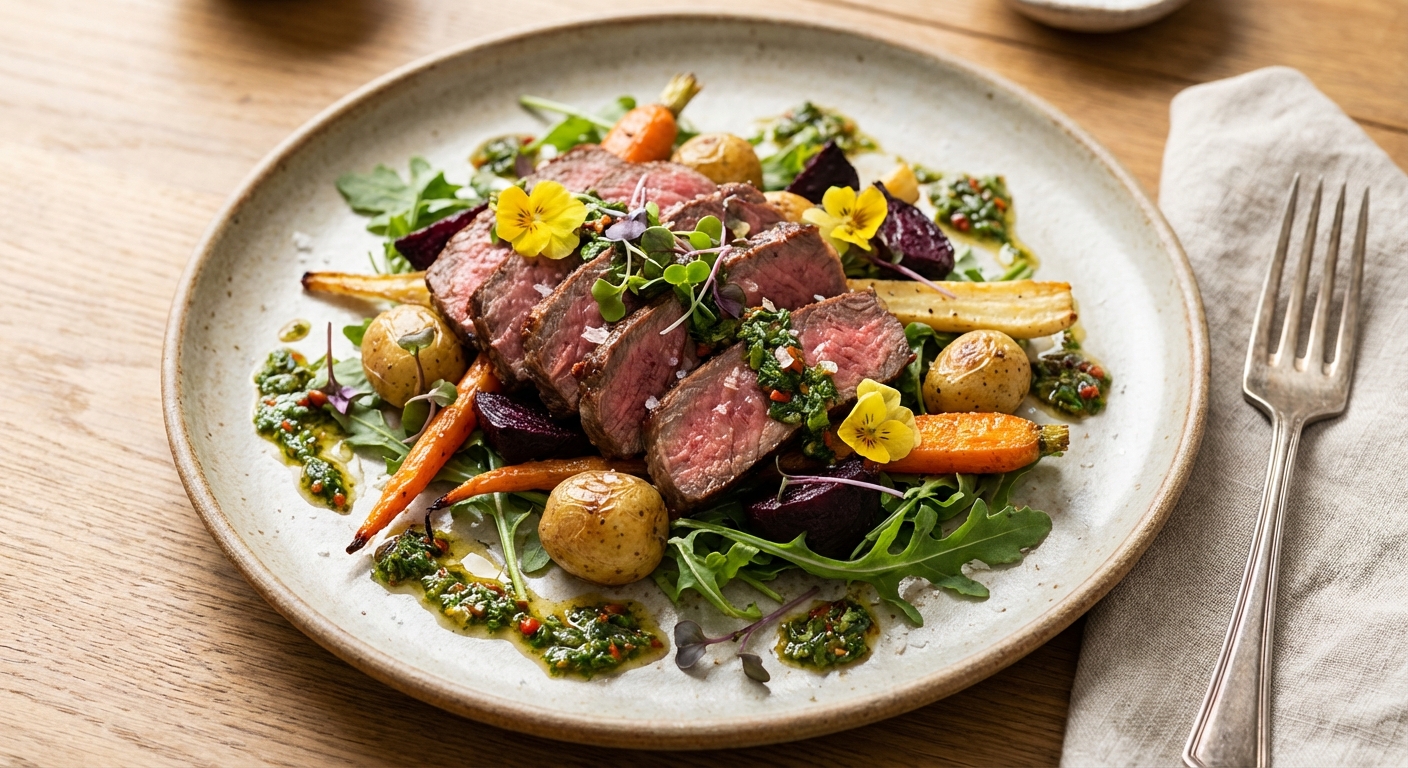 Grilled Steak Salad with Roasted Root Vegetables & Chimichurri