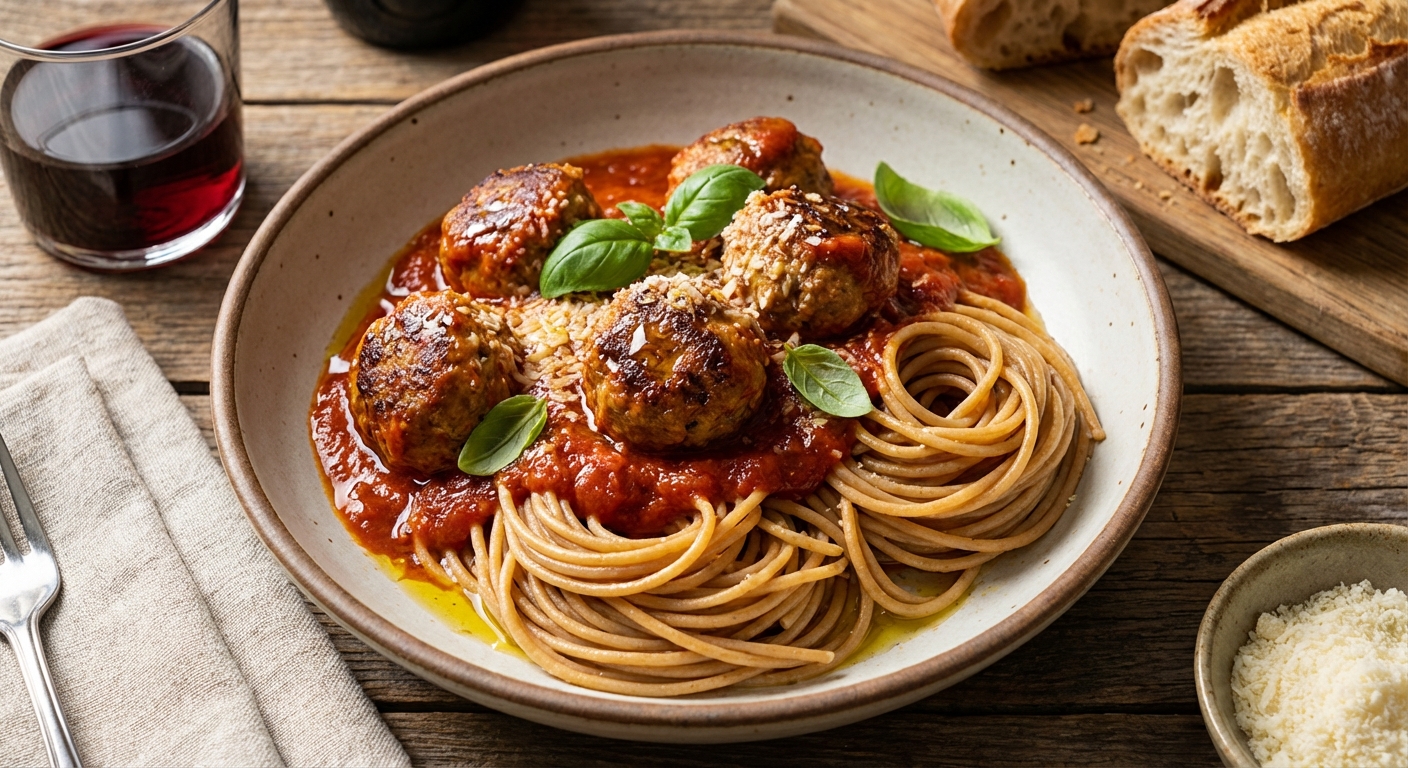 Baked Turkey Meatballs in Tomato Sauce with Whole-Wheat Spaghetti