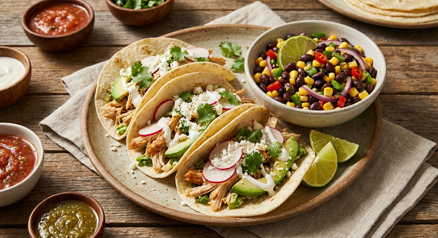 Shredded Rotisserie Chicken Tacos with Black Bean & Corn Salad