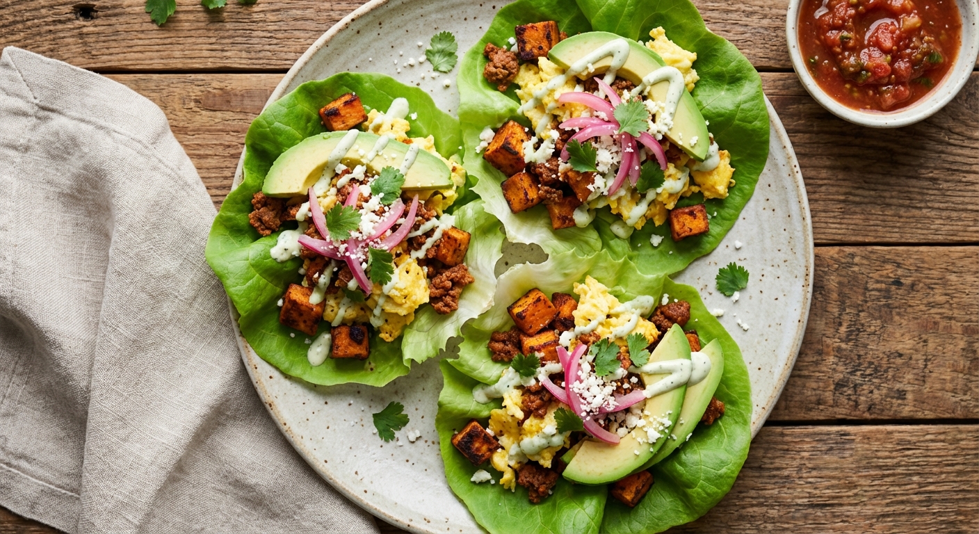 Sweet Potato Breakfast Tacos (Lettuce Cups) with Turkey Chorizo