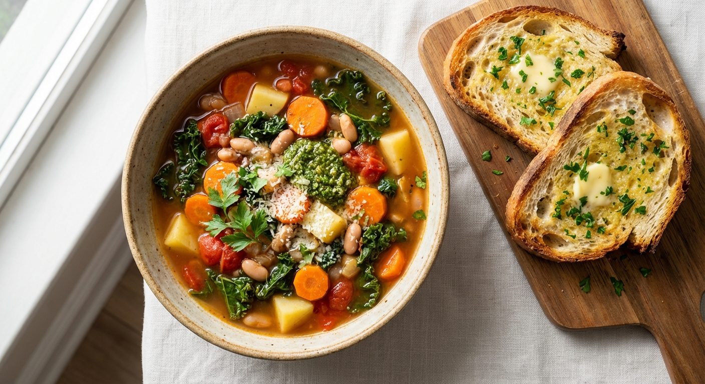Simple Hearty Vegetable Soup with Garlic Bread