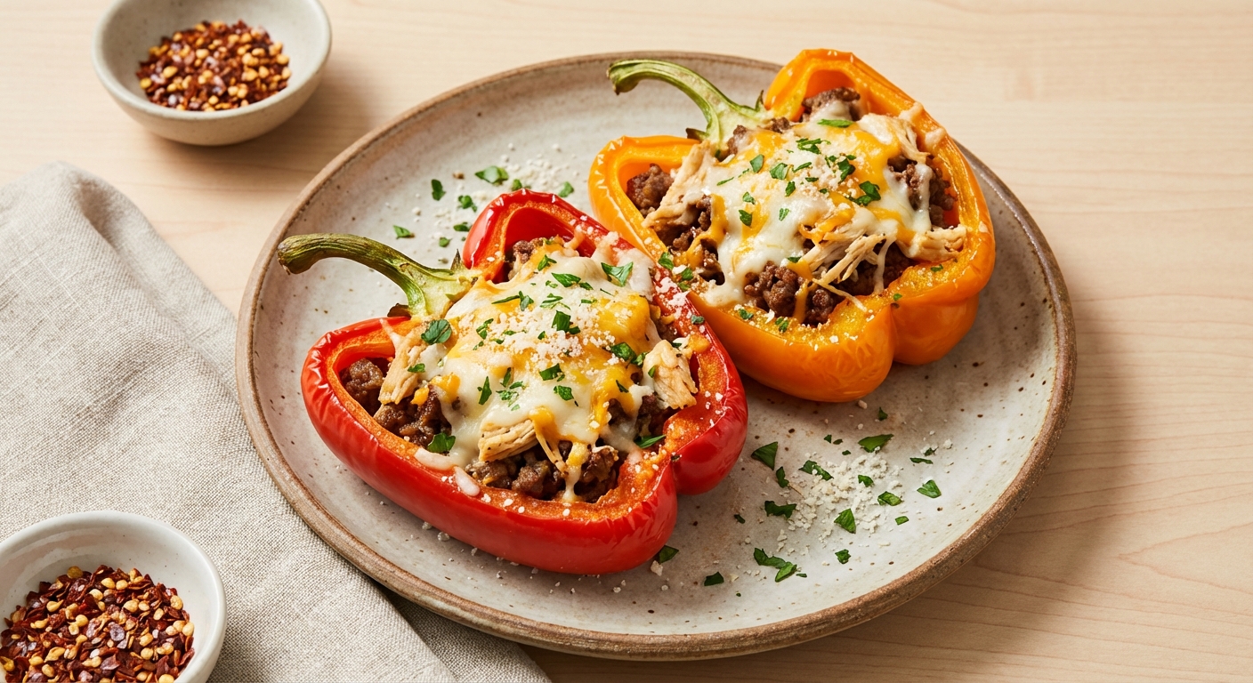 Cheesy Beef and Chicken Stuffed Peppers