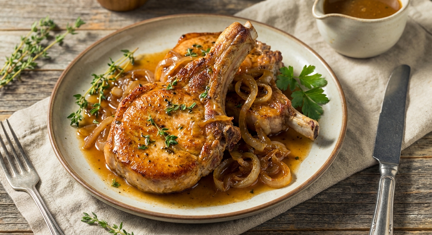 Pan-Seared Bone-In Pork Chops with Caramelized Onions & Chicken Pan Sauce