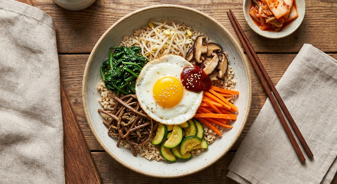 Vegetarian Bibimbap with Brown Rice, Sautéed Veg & Fried Egg