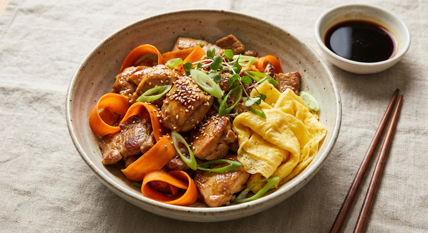 Ginger-Tamari Butter Chicken & Pork Stir-Fry with Carrot Ribbons and Silky Scrambled Egg (Gluten-Free)