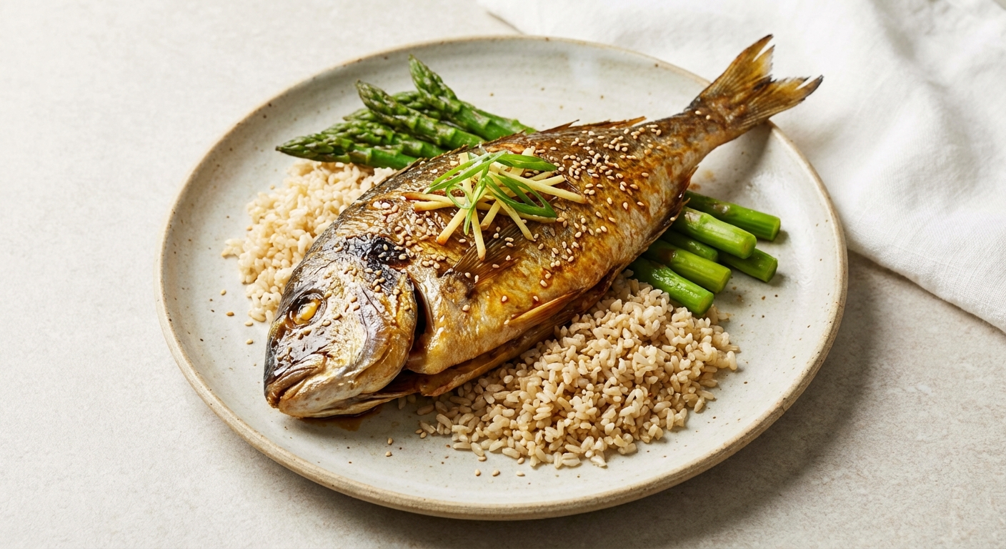 Ginger‑Soy Roasted Sea Bream with Sesame Brown Rice & Steamed Asparagus