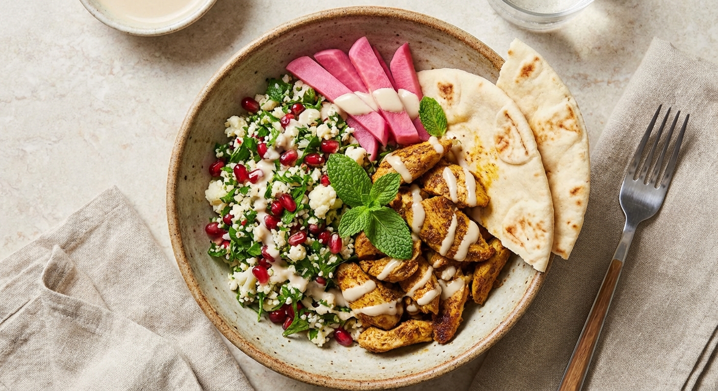 Chicken Shawarma Bowl with Cauliflower Tabbouleh & Pickled Turnips
