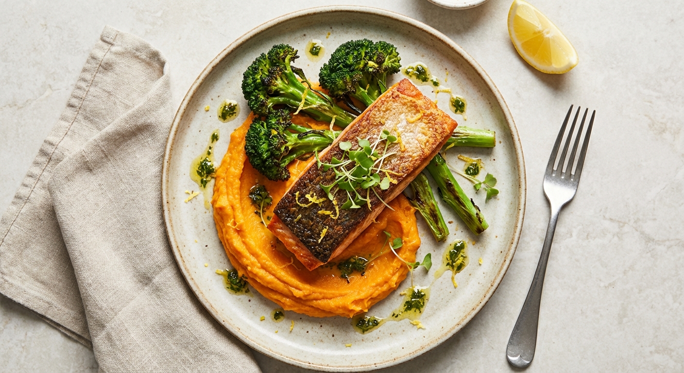 Pan-seared Salmon with Broccoli and Sweet Potato Mash