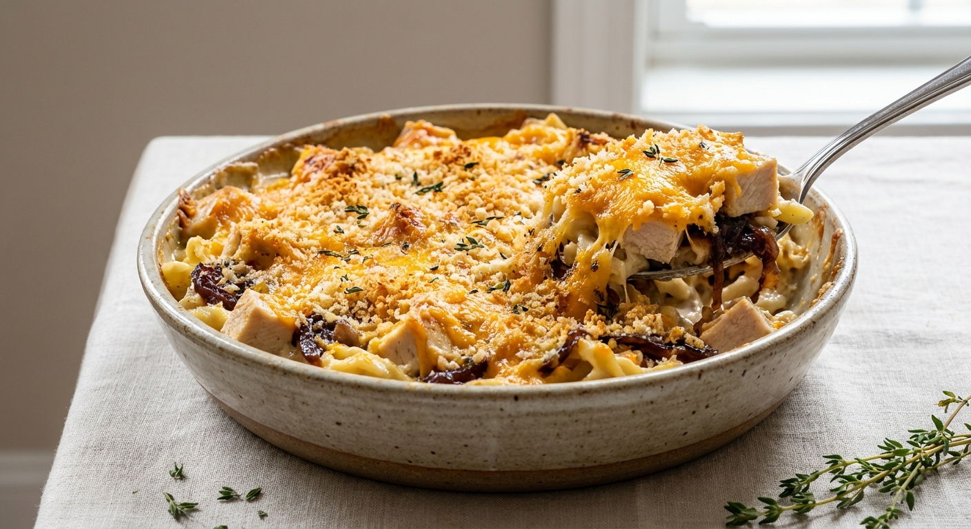 Golden Cheddar Chicken Pasta Casserole with Caramelized Onions - Delicious Homemade Recipe