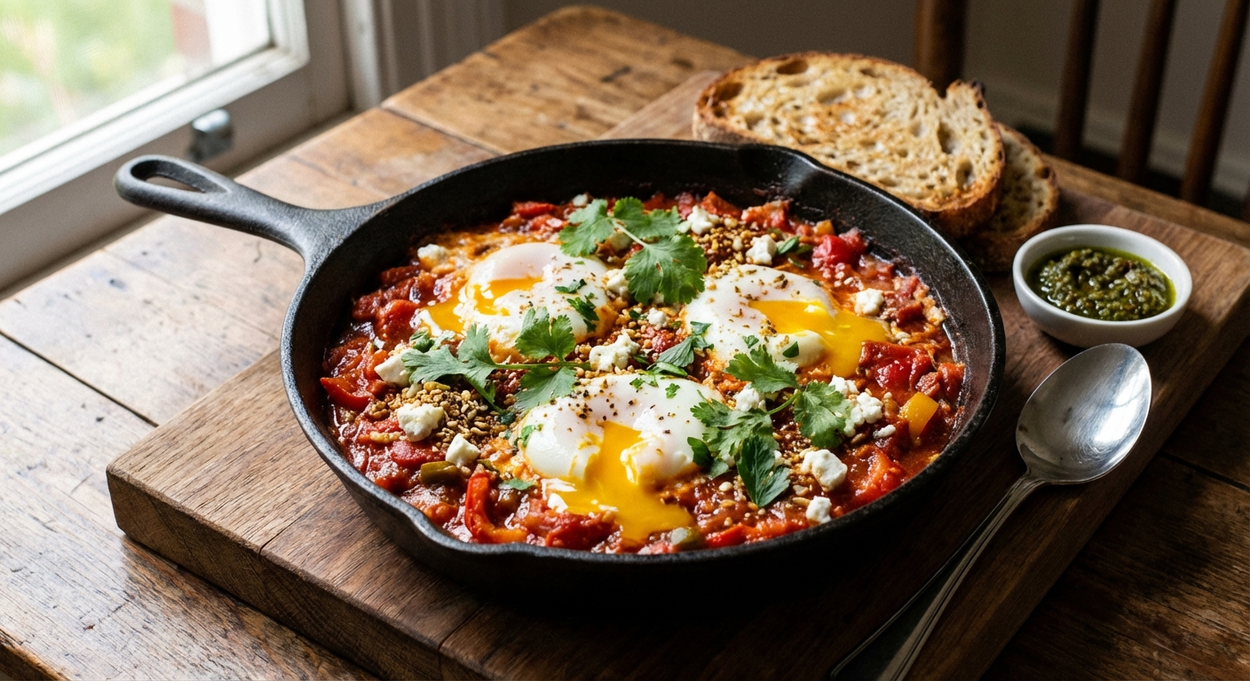Shakshuka - Poached Eggs in Spiced Tomato & Pepper Sauce
