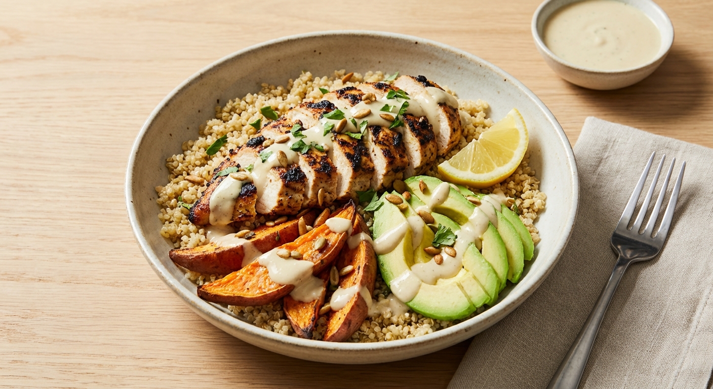 Grilled Chicken & Quinoa Bowl with Roasted Sweet Potato, Avocado & Lemon-Tahini Dressing - Delicious Homemade Recipe