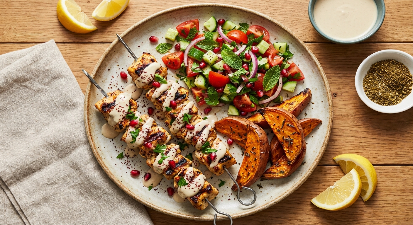 Grilled Chicken Kebabs with Tahini-Lemon Drizzle, Israeli Salad & Roasted Sweet Potato Wedges