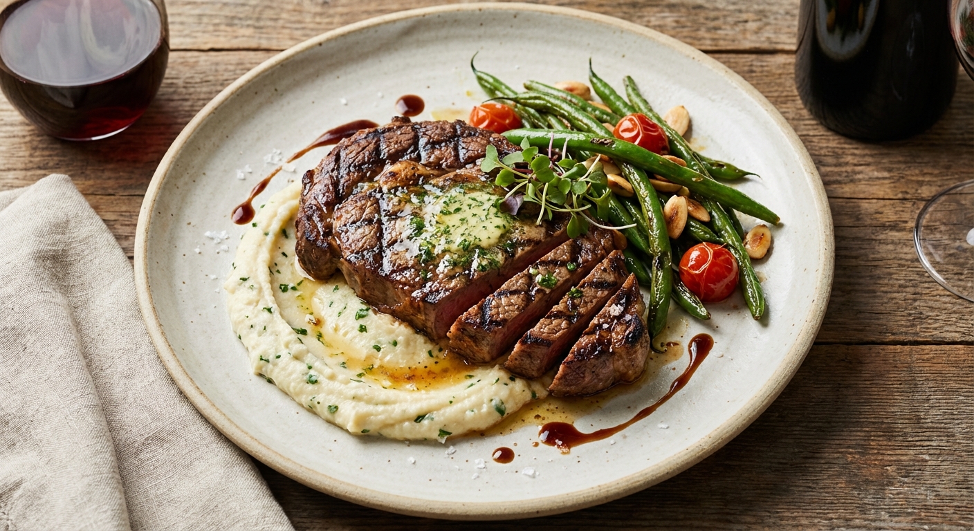 Grilled Ribeye with Garlic‑Parsley Cauliflower Mash & Sautéed Green Beans