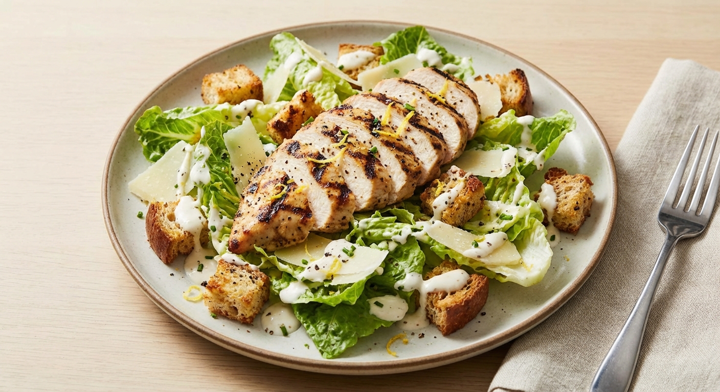 Grilled Chicken & Romaine Salad with Yogurt-Based Caesar (Egg-Free)